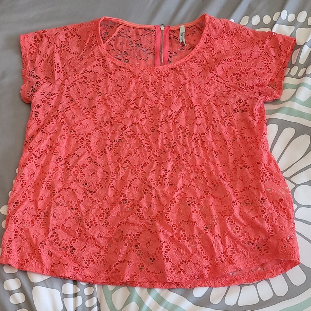 Coral Pink lacey overlay shirt with 1/4zip up back
